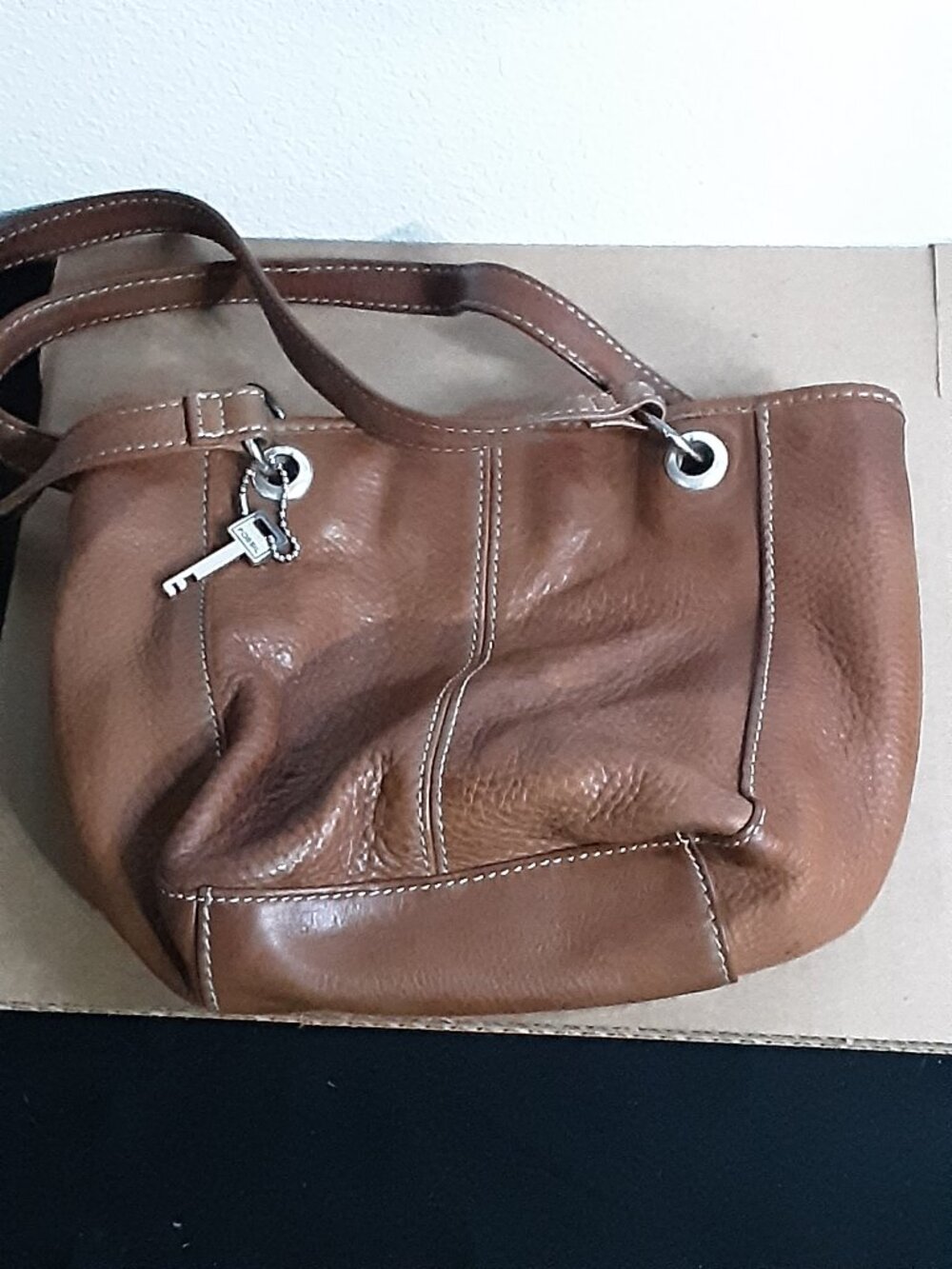 Fossil Brown Shoulder Bag Purse Silver Key Charm Double Handles 11 Inch